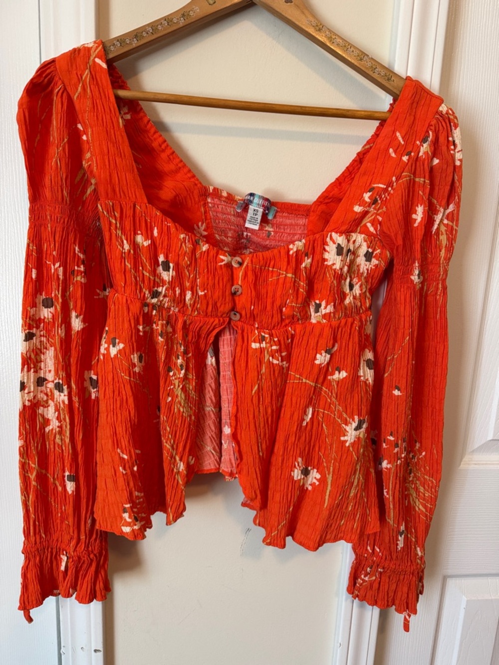 Urban Outfitters Bright Orange Floral Button-Front Peasant Blouse